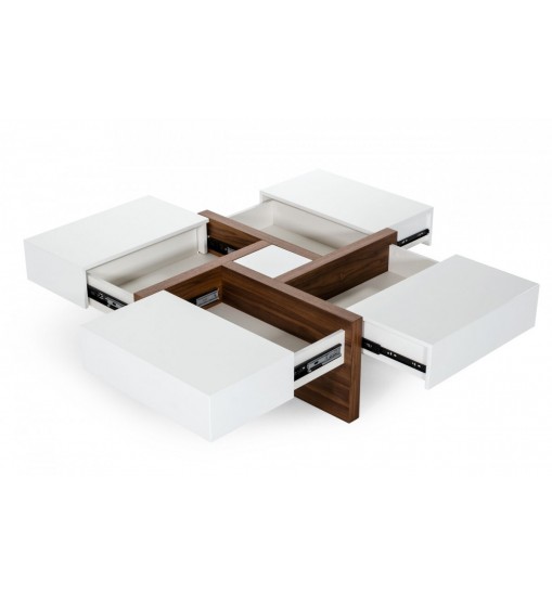 Modern White and Walnut Square Coffee Table with Storage