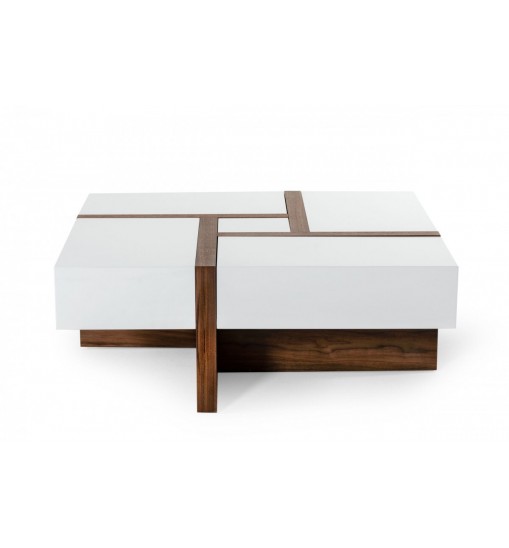 Modern White and Walnut Square Coffee Table with Storage