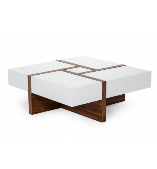 Modern White and Walnut Square Coffee Table with Storage