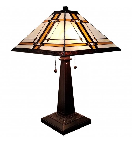 23" White Amber and Brown Stained Glass Two Light Mission Style Table Lamp