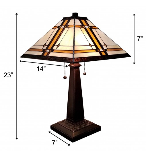 23" White Amber and Brown Stained Glass Two Light Mission Style Table Lamp