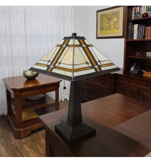 23" White Amber and Brown Stained Glass Two Light Mission Style Table Lamp