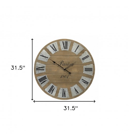 32" Round Brown Wood And Metal Analog Wall Clock