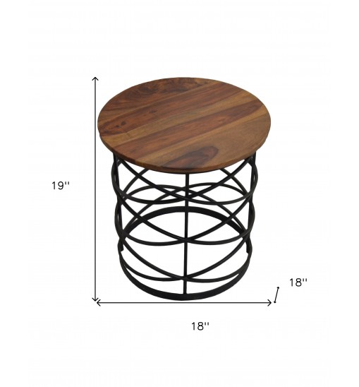 19" Black And Brown Solid Wood And Iron Round End Table