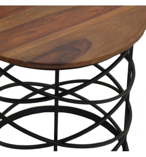 19" Black And Brown Solid Wood And Iron Round End Table