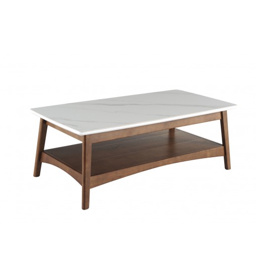 48" Walnut And White Stone Rectangular Coffee Table With Shelf