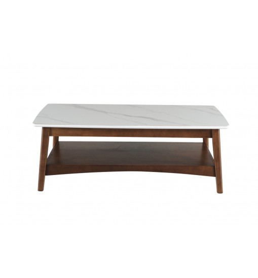 48" Walnut And White Stone Rectangular Coffee Table With Shelf