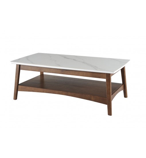 48" Walnut And White Stone Rectangular Coffee Table With Shelf