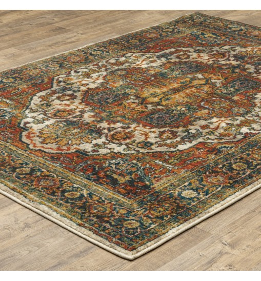 8' X 11' Red Gold Orange Green Ivory Rust And Blue Oriental Power Loom Stain Resistant Area Rug