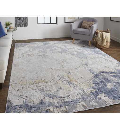 2' X 3' Tan And Blue Abstract Power Loom Distressed Area Rug