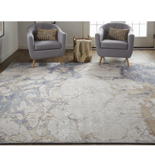 2' X 3' Tan And Blue Abstract Power Loom Distressed Area Rug