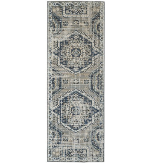 8' Blue And Ivory Abstract Power Loom Distressed Stain Resistant Runner Rug