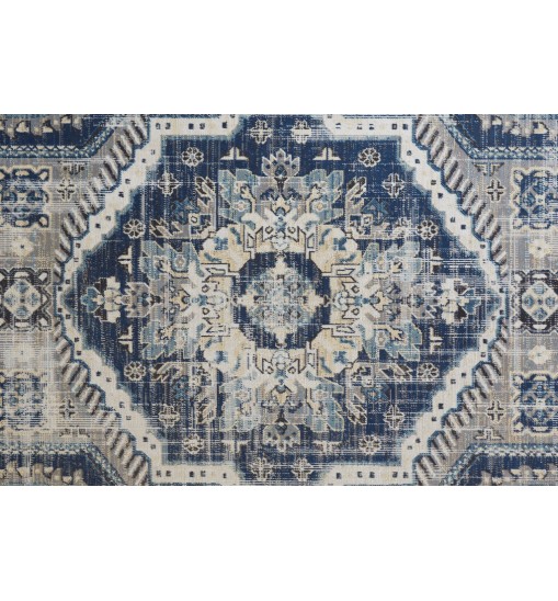 8' Blue And Ivory Abstract Power Loom Distressed Stain Resistant Runner Rug