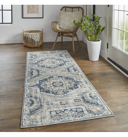 8' Blue And Ivory Abstract Power Loom Distressed Stain Resistant Runner Rug