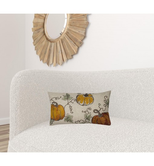 12" X 20" Green and Orange Thanksgiving Pumpkin Linen Blend Zippered Pillow With Embroidery