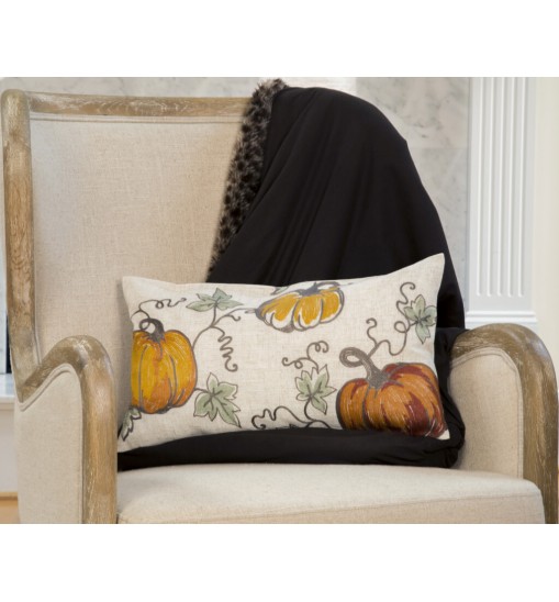 12" X 20" Green and Orange Thanksgiving Pumpkin Linen Blend Zippered Pillow With Embroidery