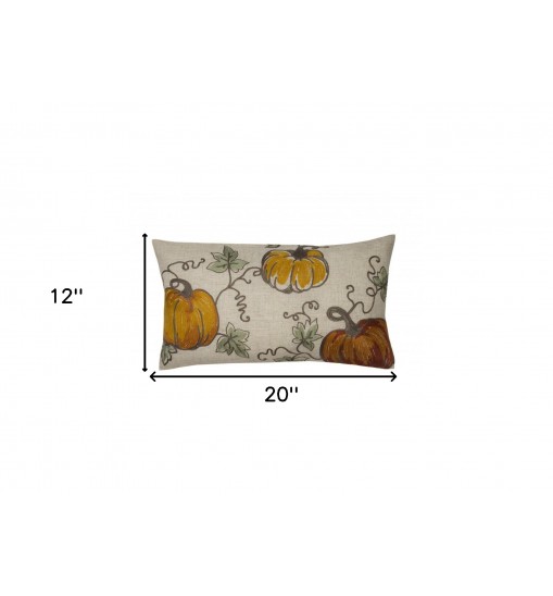 12" X 20" Green and Orange Thanksgiving Pumpkin Linen Blend Zippered Pillow With Embroidery