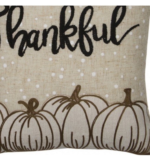 14" X 14" Beige and White Thanksgiving Pumpkin Linen Blend Zippered Pillow With Applique