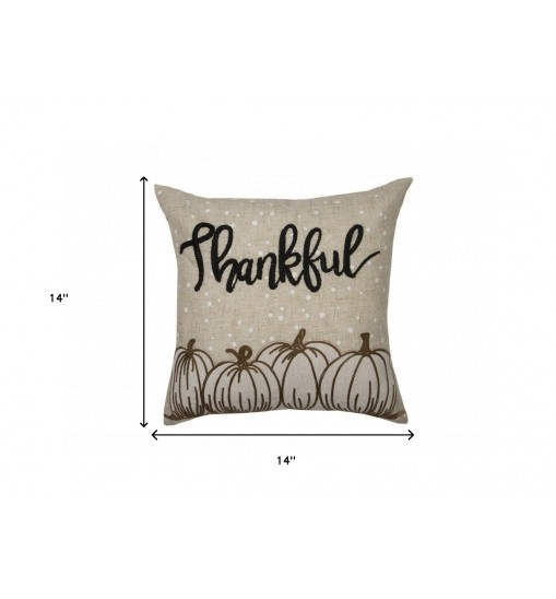 14" X 14" Beige and White Thanksgiving Pumpkin Linen Blend Zippered Pillow With Applique