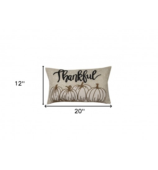 12" X 20" Beige and White Thanksgiving Pumpkin Linen Blend Zippered Pillow With Applique