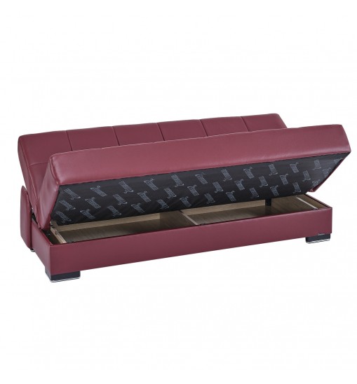 75" Burgundy Faux Leather And Brown Convertible Futon Sleeper Sofa With Two Toss Pillows