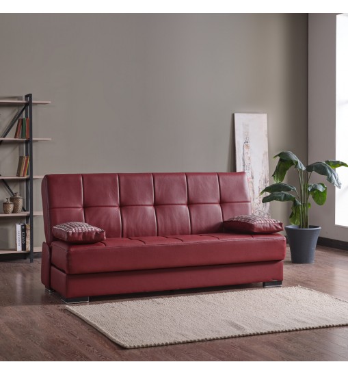 75" Burgundy Faux Leather And Brown Convertible Futon Sleeper Sofa With Two Toss Pillows