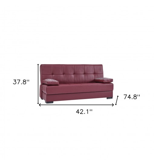 75" Burgundy Faux Leather And Brown Convertible Futon Sleeper Sofa With Two Toss Pillows