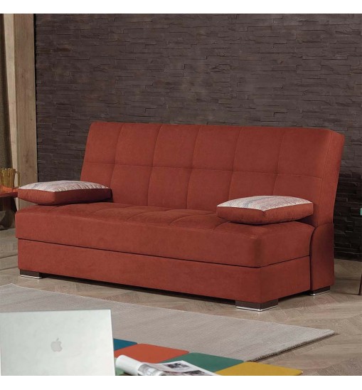 42" Rust Orange Chenille And Brown Convertible Futon Sleeper Sofa With Toss Pillows