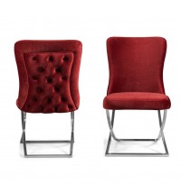 Set Of Two Tufted Burgundy and Chrome Upholstered Microfiber Dining Chairs