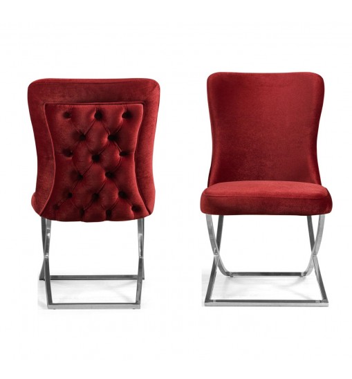 Set Of Two Tufted Burgundy and Chrome Upholstered Microfiber Dining Chairs