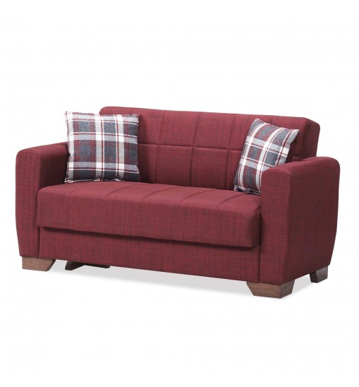 52" Burgundy Brown Chenille Futon Convertible Sleeper Love Seat With Storage And Toss Pillows