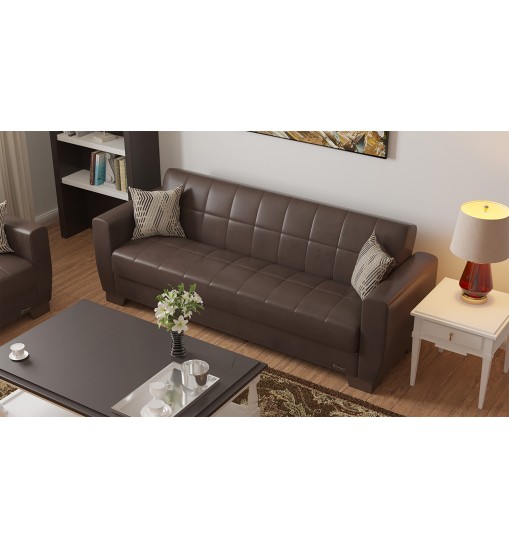 84" Brown Faux Leather Sleeper Sleeper Sofa With Two Toss Pillows