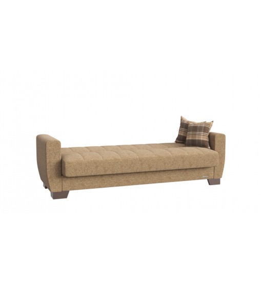 84" Beige Chenille And Brown Sleeper Sleeper Sofa With Two Toss Pillows