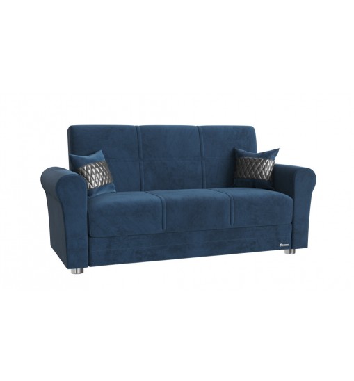 63" Blue Silver Microfiber Futon Convertible Sleeper Love Seat With Storage And Toss Pillows