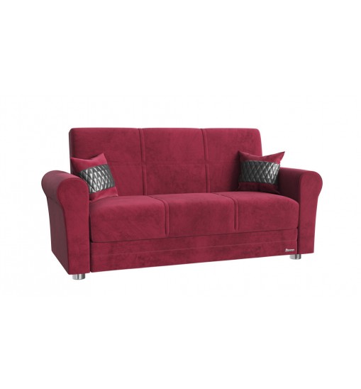 63" Burgundy Silver Microfiber Futon Convertible Sleeper Love Seat With Storage And Toss Pillows