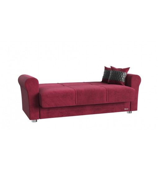 63" Burgundy Silver Microfiber Futon Convertible Sleeper Love Seat With Storage And Toss Pillows