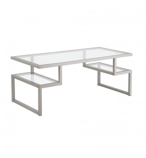 45" Silver Glass Rectangular Coffee Table With Two Shelves