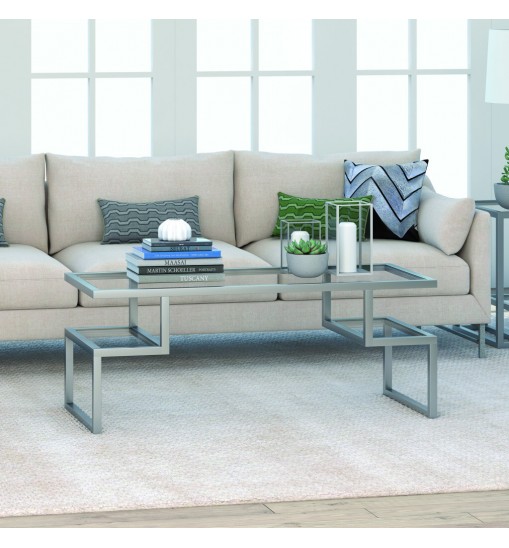 45" Silver Glass Rectangular Coffee Table With Two Shelves