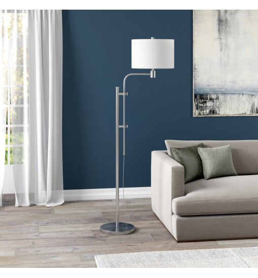 71" Nickel Adjustable Traditional Shaped Floor Lamp With White Frosted Glass Drum Shade