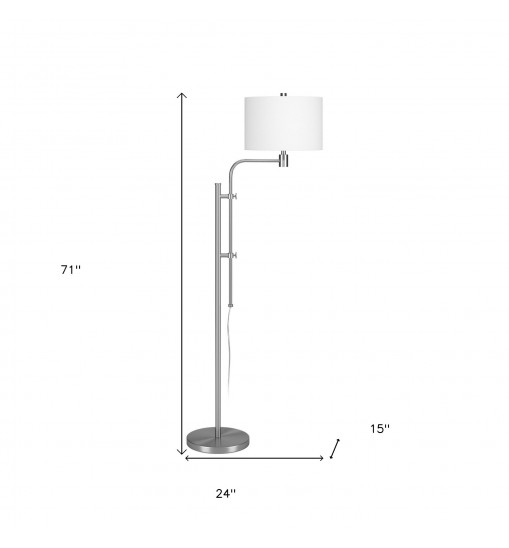 71" Nickel Adjustable Traditional Shaped Floor Lamp With White Frosted Glass Drum Shade