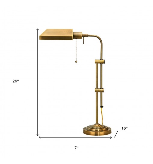 26" Bronze Metal Adjustable Table Lamp With Antiqued Brass Rectangular Shade