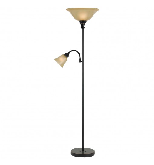 71" Bronze Two Light Torchiere Floor Lamp With Brown Frosted Glass Dome Shade