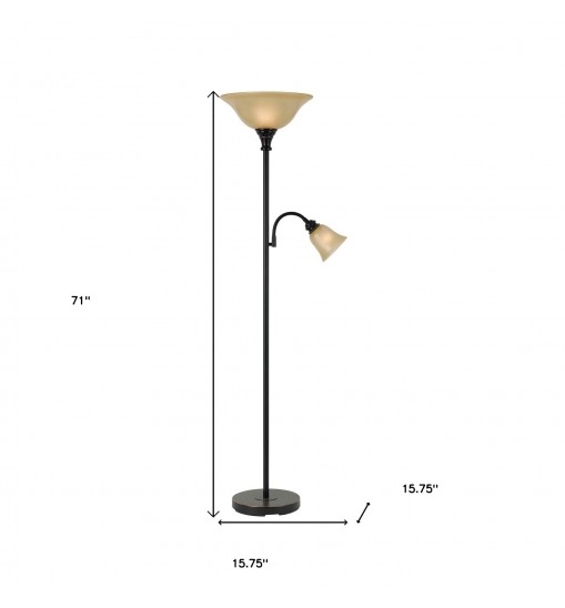 71" Bronze Two Light Torchiere Floor Lamp With Brown Frosted Glass Dome Shade