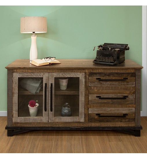 60" Brown Solid and Manufactured Wood Distressed Buffet Table