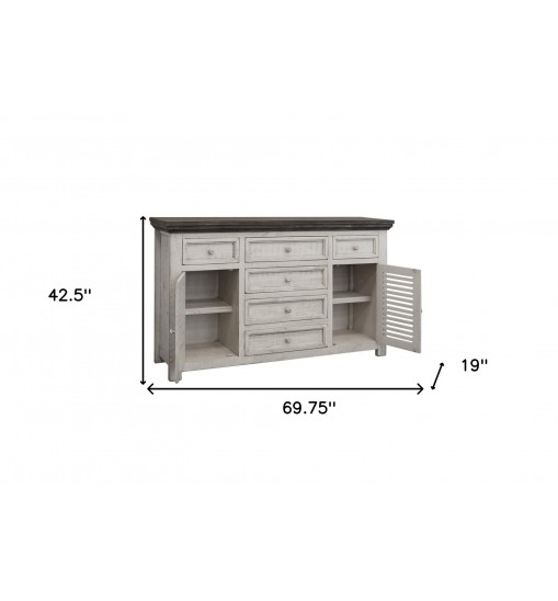 70" Antiqued White Solid and Manufactured Wood Distressed Buffet Table