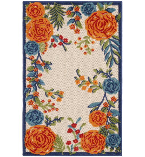 3' X 4' Blue and Orange Floral Power Loom Area Rug