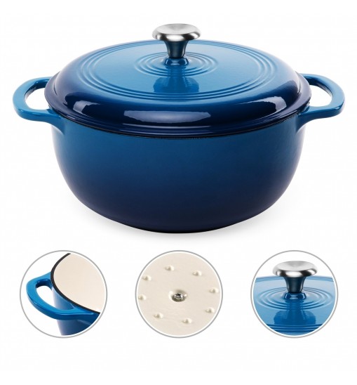 6 Quart Large Blue Enamel Cast-Iron Dutch Oven Kitchen Cookware