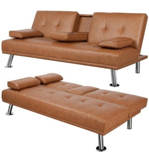 Brown Modern Faux Leather Cup Holders Convertible Sofa Bed Futon Sleeper