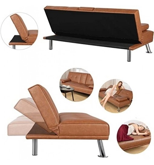 Brown Modern Faux Leather Cup Holders Convertible Sofa Bed Futon Sleeper