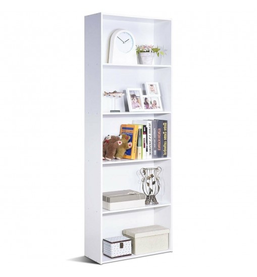 Modern 5-Tier Bookcase Storage Shelf in White Wood Finish